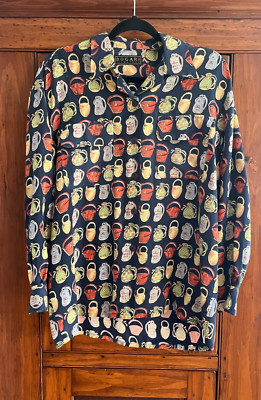 VTG 90s Size S Bogari 100% Silk Button Down Shirt  Bags Back Pack Oversized Fun!