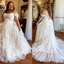 Plus Size Wedding Dresses Off Shoulder Lace Applique Bridal Gowns Lace Up Back