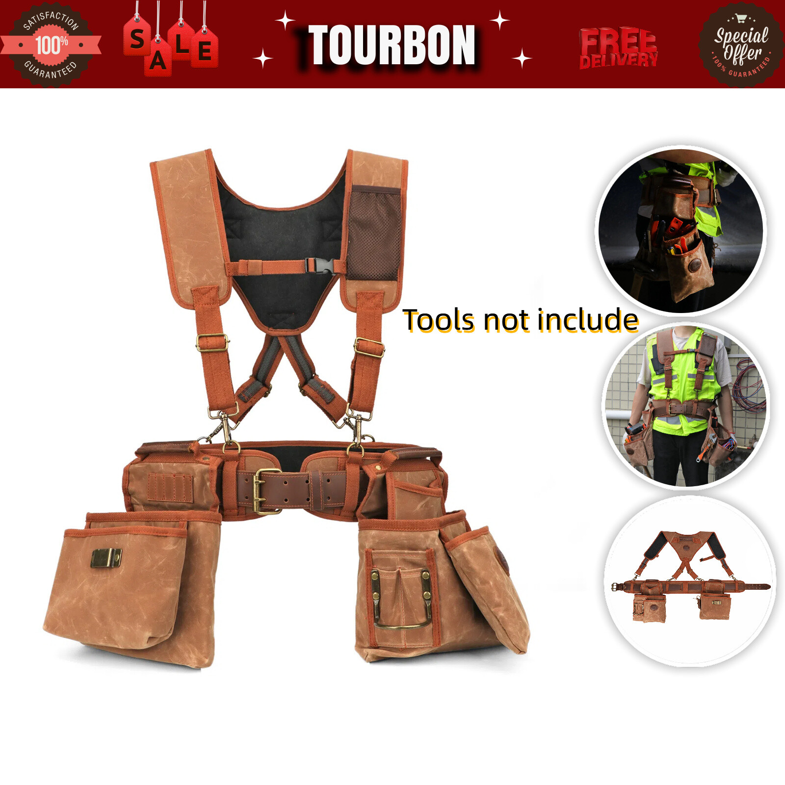 TOURBON Workshop Suspenders Bag Electrician Carpenter Tool Carry Bag Detachable