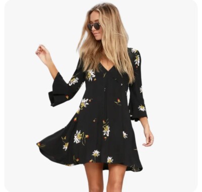 free people time on my side mini dress Free People Time On My Side Black Floral Print Wrap Mini Dress Medium