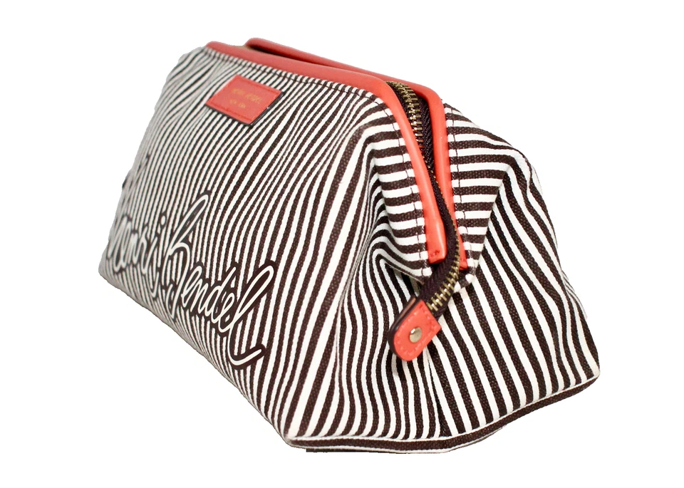 HENRI BENDEL большой в полоску холст допп набор косметический белый коричневый оранжевый кожаный - Изображение 3 из 4