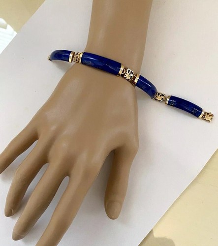 14k Gold Lapis Lazuli Bracelet w/ Dragons 10mm Wide 7.25” Royal Blue Vintage