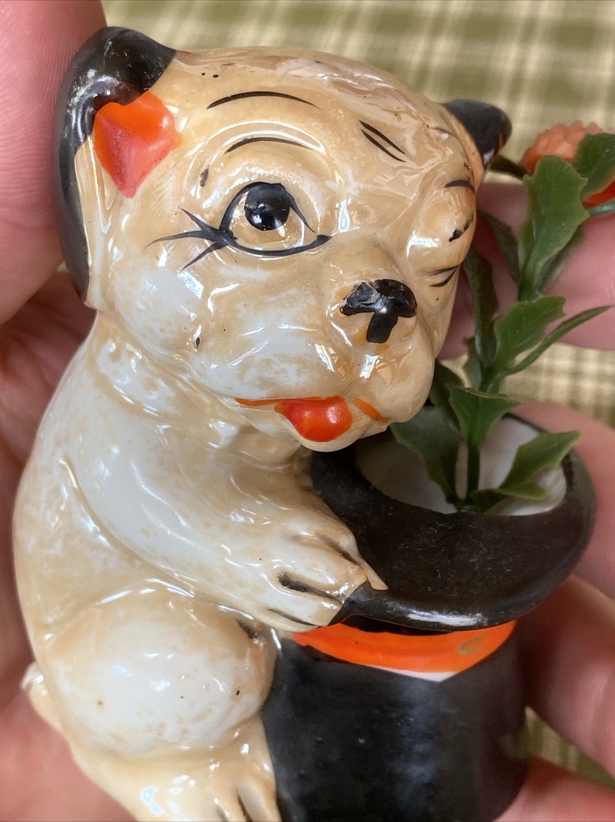 Vtg DOG Winking BONZO Top Hat Toothpick Match Holder Mini Vase