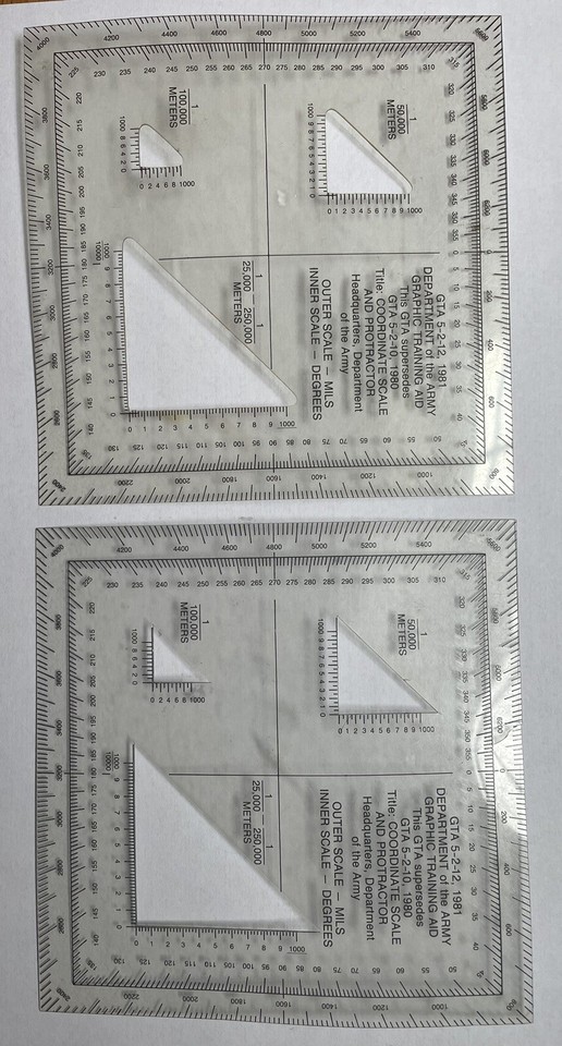 2 US Army 1981 Graphic Training Aid Coordinate Scale and Protractor GTA