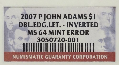 2007-P JOHN ADAMS $1 DBL.EDG.LET.-INVERTED MS64 MINT ERROR - Picture 2 of 5