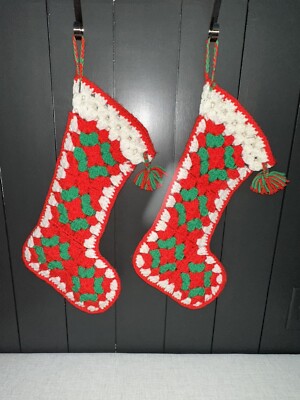 2 Vintage Christmas Stockings Crochet Granny Square Red White Green Handmade 20 