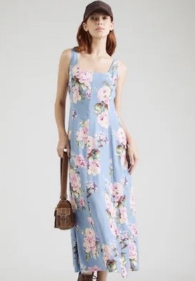 GAP Floral Midi Dress Blue Square Neck Cottage Linen Summer Vacation
