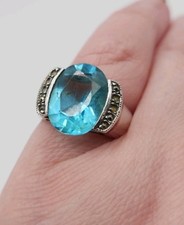 Blue Topaz Marcasite Ring Size 7 Sterling Silver Oval 6-8ct Vintage Style