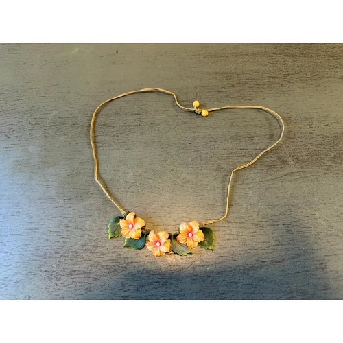 Vintage Floral Pendant Necklace Orange Blossom Green Leaves Boho Cord Jewelry