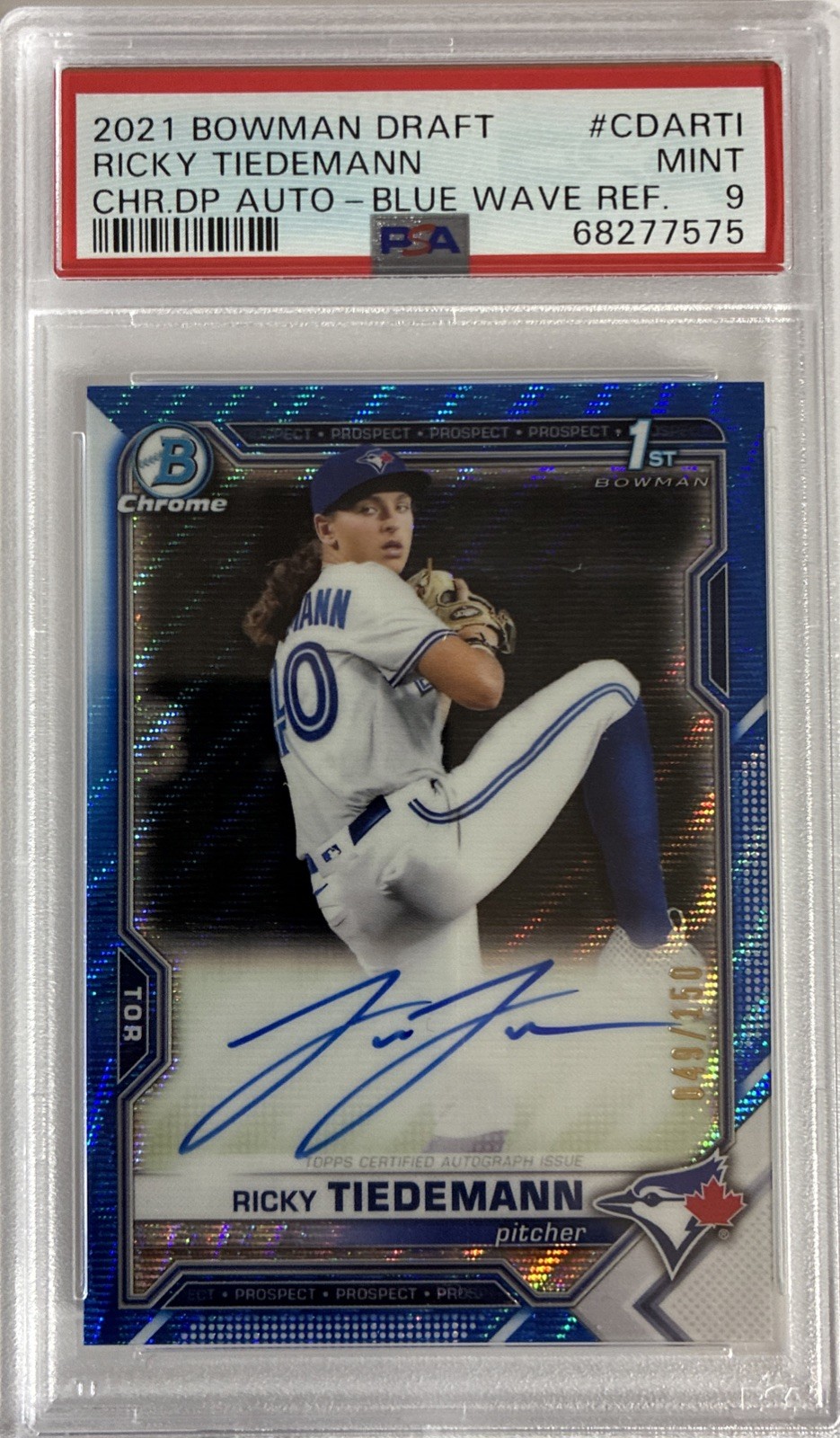 RICKY TIEDEMANN 2021 Bowman Chrome 1st Blue Wave Refractor Auto RC /150 PSA 9