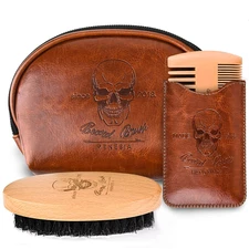 Beard Brush and Comb Set, Boar Bristle Hair Beard Brush Kit with Small Leather T