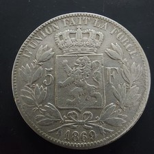 Belgium  5 Francs 1869 SILVER Coin.#316B
