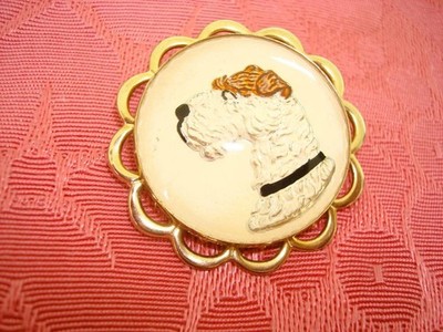 Vintage Gold Tone and Clear Glass Pin Brooch Reverse Painted Wire Fox Terrier KJ