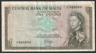 Malta Banknote Queen Elizabeth II One Pound £1 24 September 1969