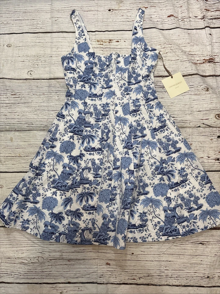 Vestido floral Cynthia Rowley azul blanco línea A para mujer talla 6 sin mangas Foto 3 de 4
