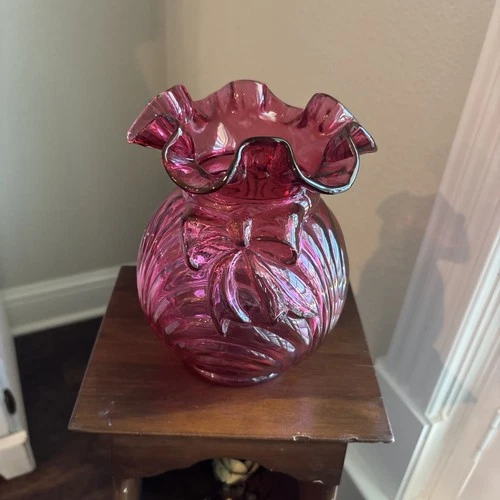 Fenton Art Glass Cranberry Opalescent 6.5” Vase Bow frosted Ruffled Edge Estate