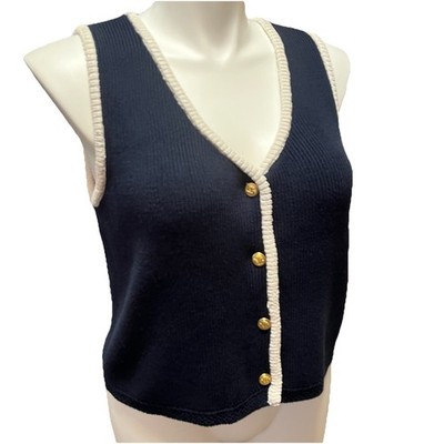 Gold Button Ribbed Sweater Vest Women s XL Navy Blue V Neck Nautical Coastal
