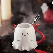 Starbucks Mugs 2021 Halloween Ghost Shaped Ceramic Mug w/ Iron Halberd Stir Rod