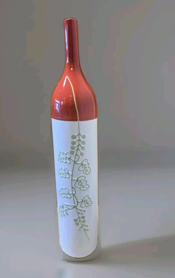 Ceramic Floor Vase 23.5" Tall White Green Rustic Red for Flowers or Solo Art Pc - Image 2 of 4