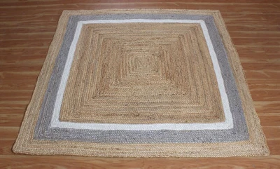 Alfombra Boho Trenzada Hecha a Mano Reversible Moderna Cuadrada Blanca Gris Borde Alfombra Alfombra - Imagen 1 de 4