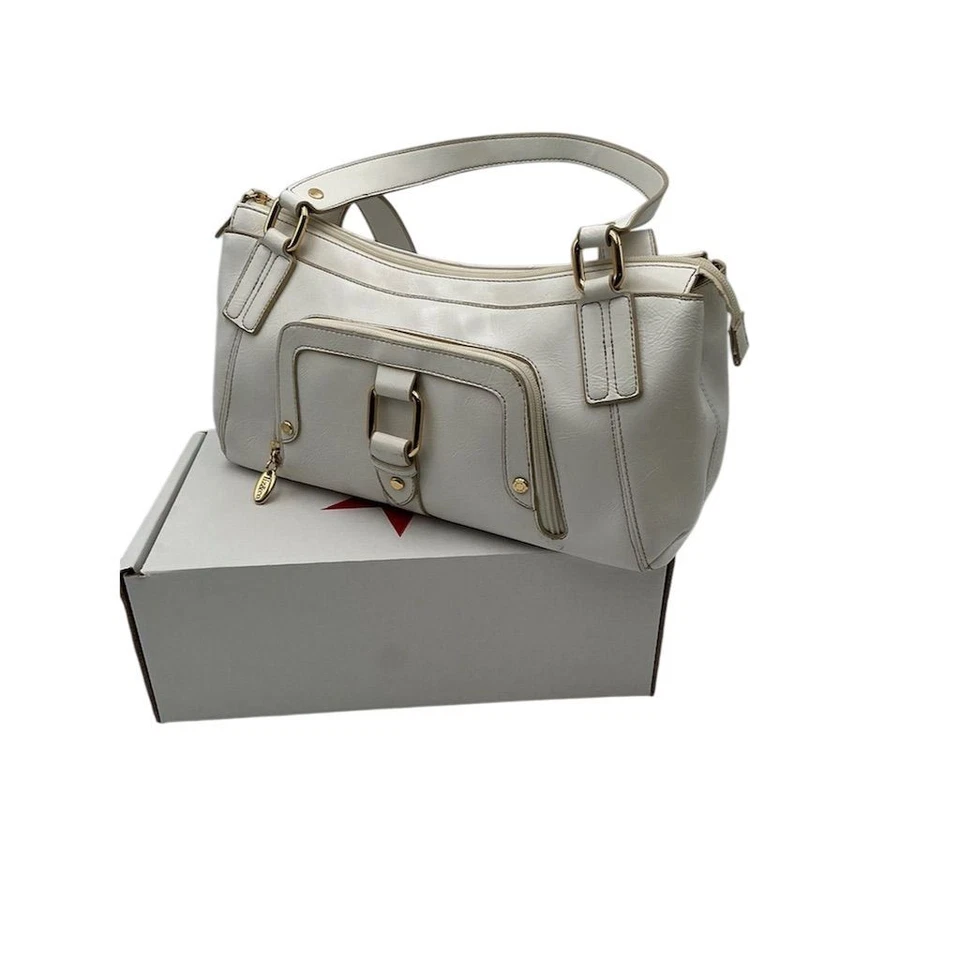 Bolso de hombro Liz & Co para mujer de cuero blanco detalles dorados cierre de cremallera Foto 2 de 4