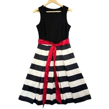R&K Dress Womens Size 6 Black Stripe Red Sash Belt Fit & Flare Midi Holiday NEW