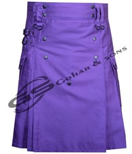 Handmade Cotton Hybrid Kilts, Men's Purple Cotton Utility Kilt, Custom Size kilt