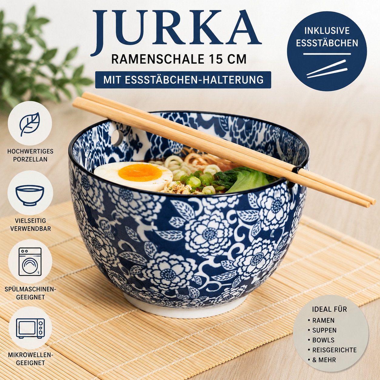 Jurka Ramenschale 15 cm Asia Bowl mit Essstäbchen-Halterung Dekor Blüten