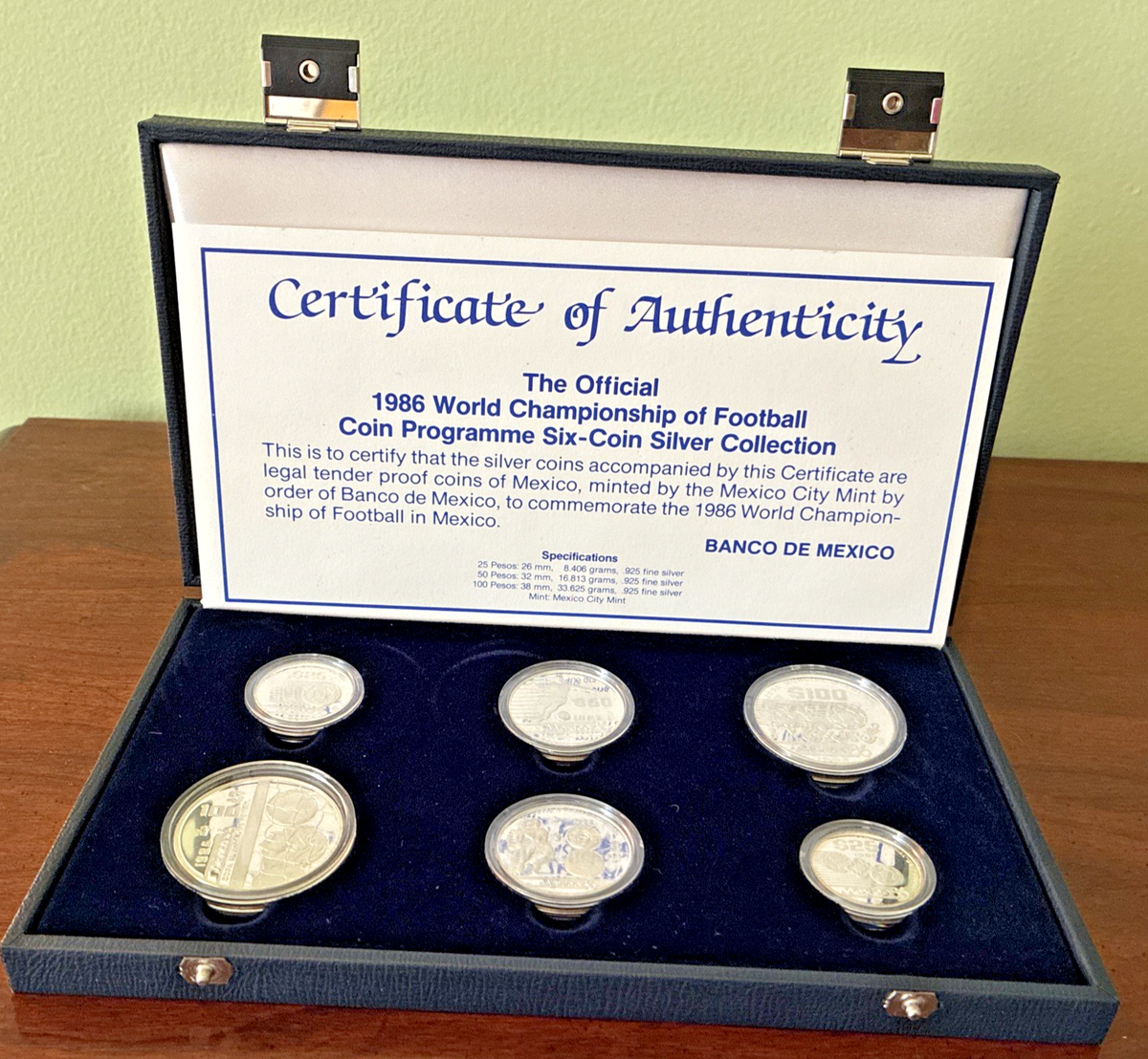 Mexico 86 World Cup Commemorative 6 Silver Coin Proof Set 25, 50