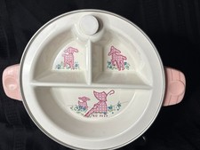 Vintage 1948 Excello Porcelain Child's Warming Bowl PINK Handles Little Bo Peep