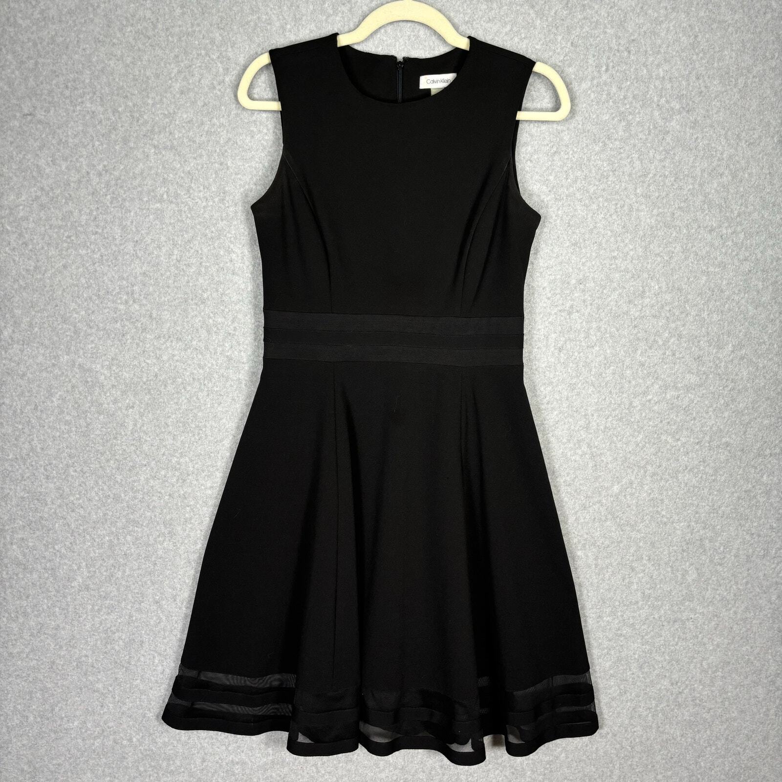 Calvin Klein Dress Womens 6 Black Crepe Flounce Sheer Tulle Trim Career Church