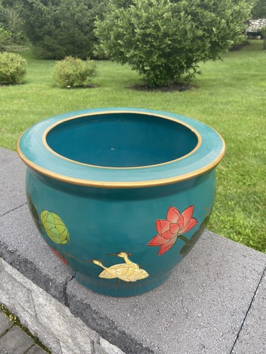 LARGE Chinese Koi Fish Bowl Planter Pot Cranes and flowers Asian vase D13.75x11 - Picture 5 of 18