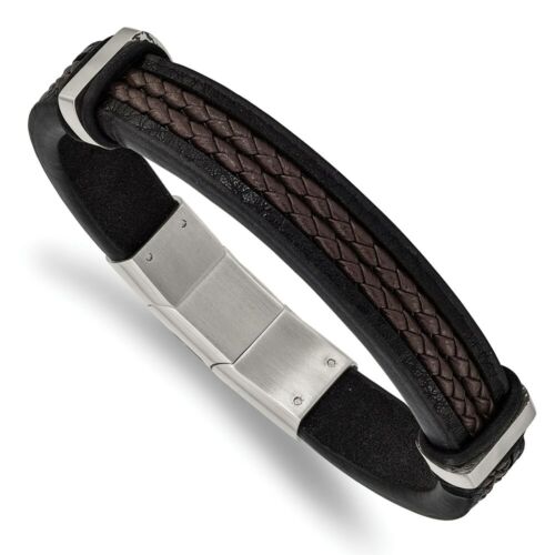 Stainless Steel Polished Black/Brown Braided Leather w/.5in ext. Bracelet - Picture 1 of 3