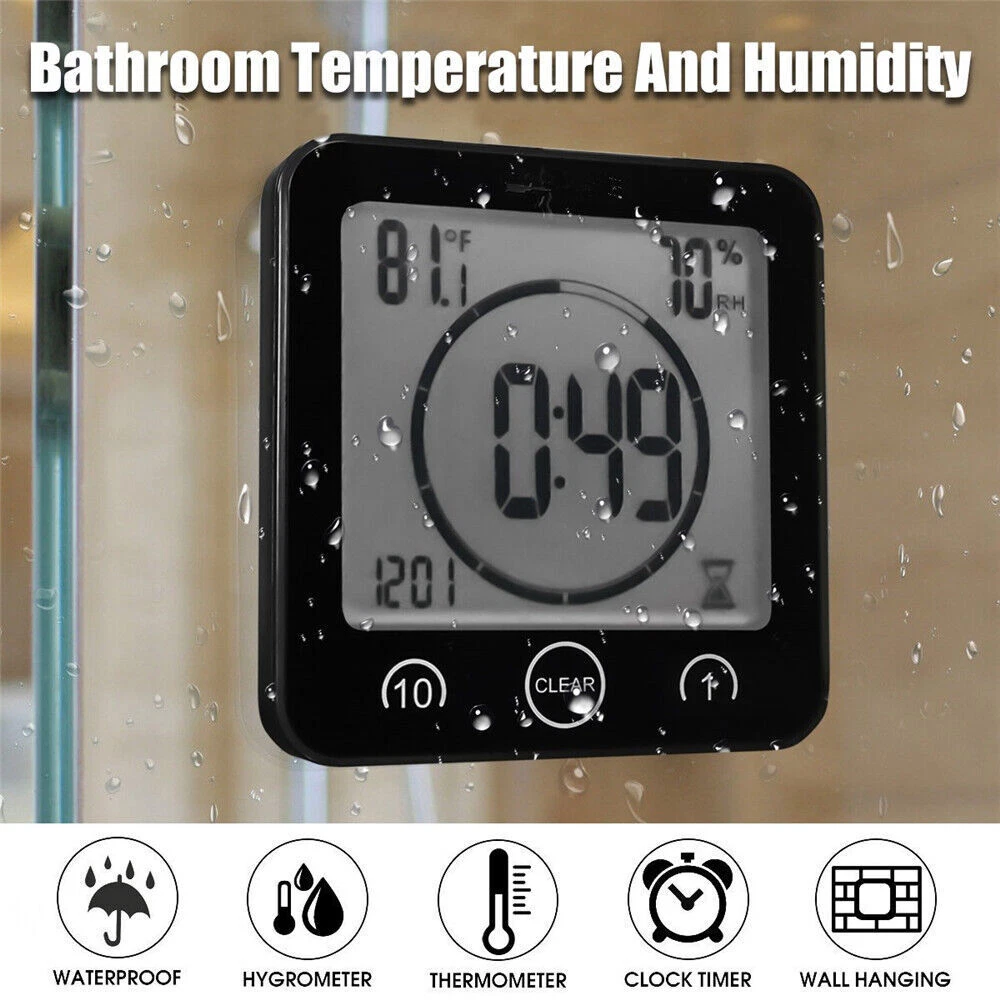 Black Digital Bathroom Shower Clock Waterproof Touch Screen Kitchen Timer Alarm