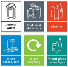 Recycling bin Sign/Sticker pack - Self adhesive vinyl Pack of 6 150mm x 100mm