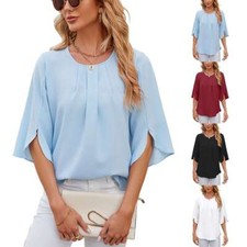 Women's 3/4 Sleeve Scoop Neck Shirt Summer Casual Plain Color Loose Tops Blouse