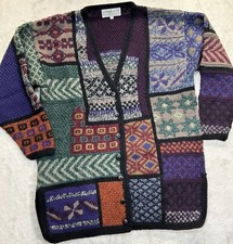 Vtg Peruvian Connection Patchwork Cardigan Sweater Women Large Merino Wool Knit