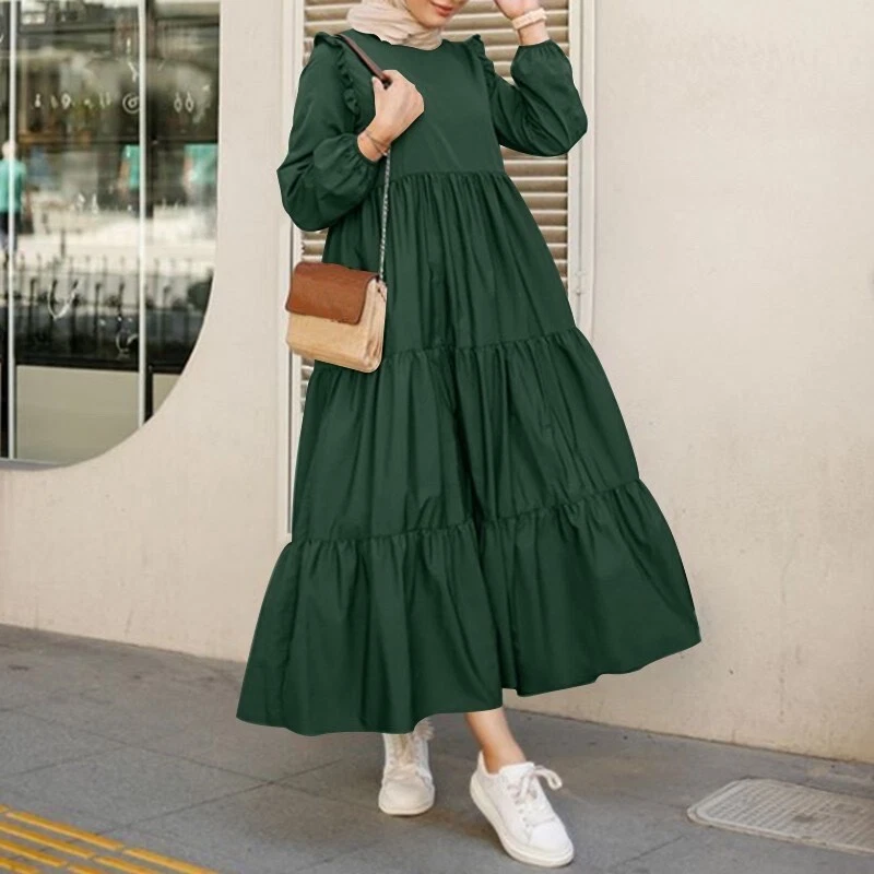 Casual Women Long Sleeve Layered Muslim Gown Loose Ruffles Pleated