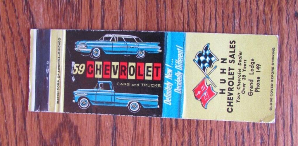1959 CHEVROLET CAR DEALER MATCHBOOK COVER HUHN GRAND LEDGE, MI