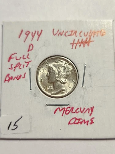 1944 D UNC+++ FULL SPLIT BANDS 90% SILVER MERCURY DIME