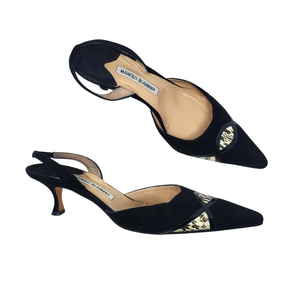 Tacón de gatito vintage Manolo Blahnik de gamuza punta puntiaguda negro talla 42 Foto 2 de 4