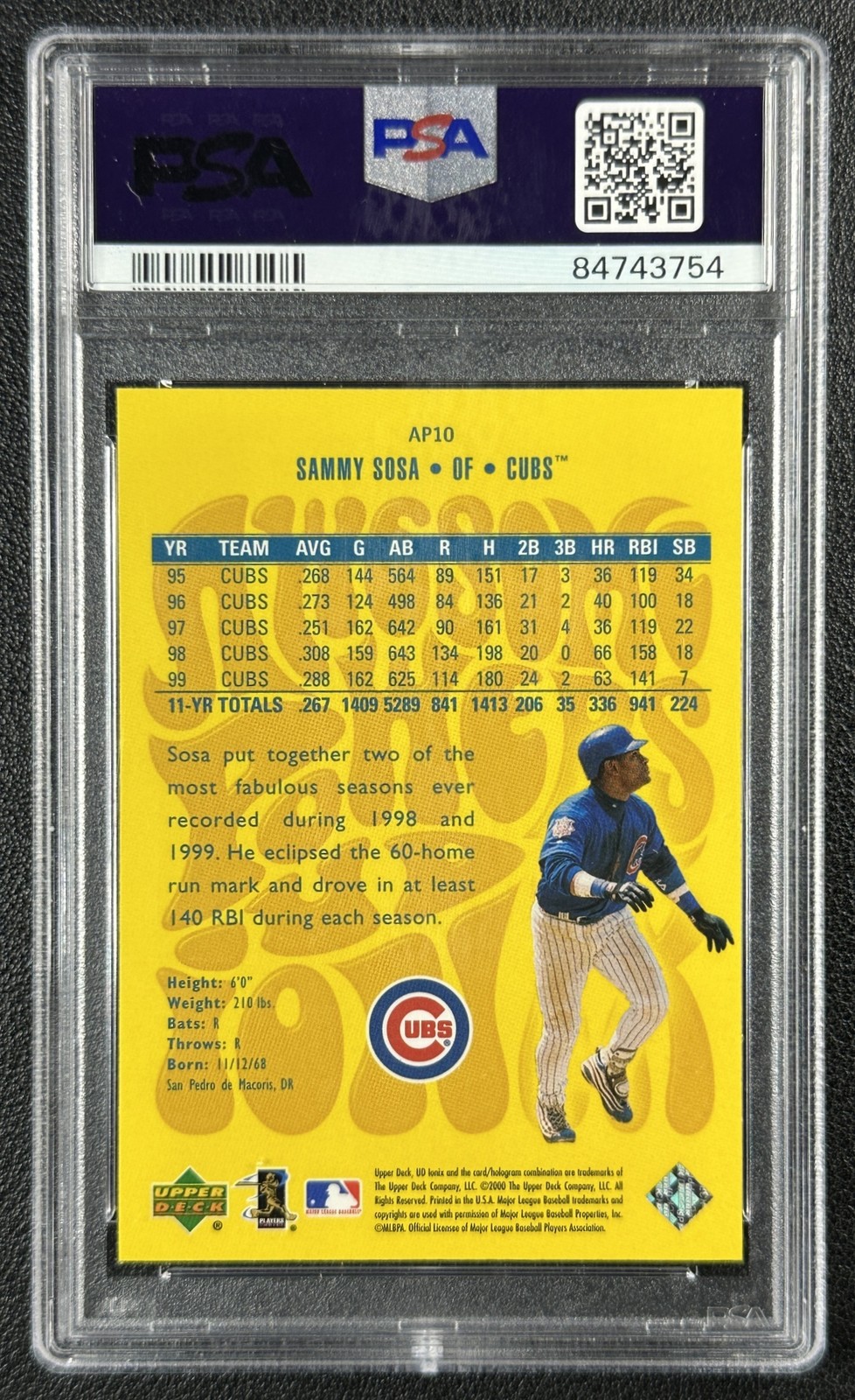 POP 4 SAMMY SOSA PSA 10 2000 UPPER DECK IONIX #AP10 AWESOME POWERS CUBS 3754 view 2