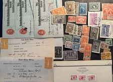 OLD CANADA CANADIAN QUEBEC REVENUE BACK of BOOK FISCAL WAR TAX CHECK LAW STAMPS