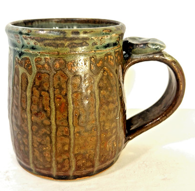 Signed Studio Art Pottery Woodsy Blend of Dripped Colors Textured Stoneware Mug