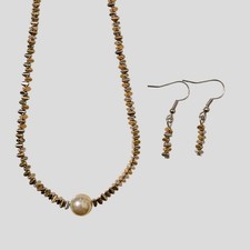 Gold and Silver Tone Bead Necklace  Earring Set 15  20" Adjustable Faux Pearl