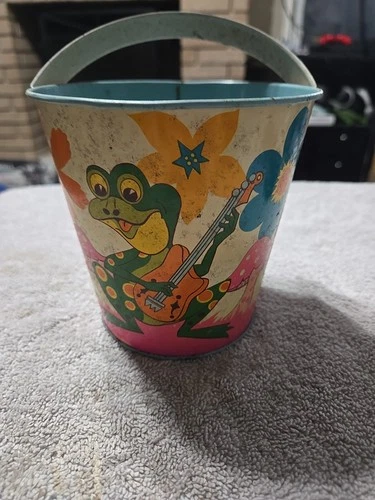 Vintage OHIO ART Tin Litho Sand Pail Bucket w Musical Frogs Flowers & Mushrooms