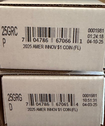 2025 P&D American Innovation 2-$25 Rolls FLORIDA $1 Coins Space Shuttle in Boxes