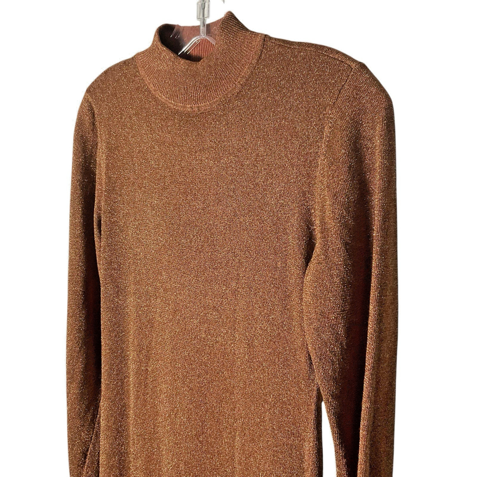 Ronny Kobo Sheer Metallic Dress Long-Sleeve Mock Neck Bronze Medium *READ FLAW*