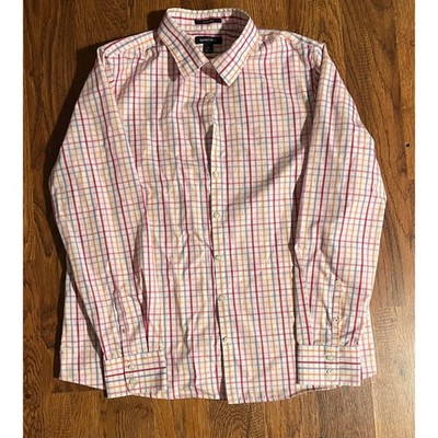 Lands End No Iron Supima Cotton Plaid Button Down Shirt Pink Orange Purple Sz 14