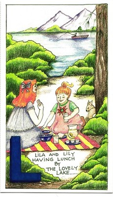 L - Lila and Lily Having Lunch ABC to You from Me Postcard Unposted